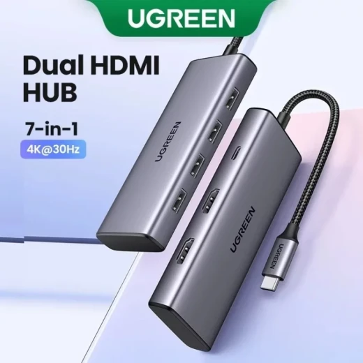محول يو جرين CM512 7 في 1 USB-C، 2x USB-A 3.2، 2x USB-C 3.2، 2x HDMI، منفذ PD، رمادي - يوجرين - Image 3